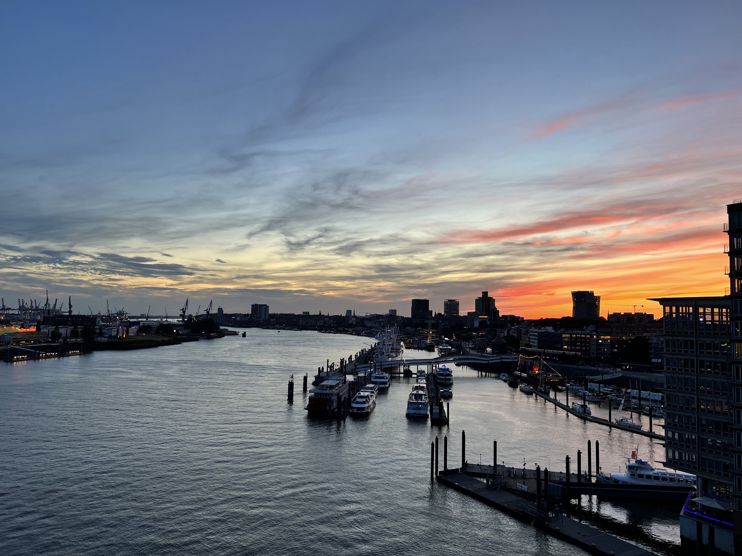 Elbe with boats at sunset